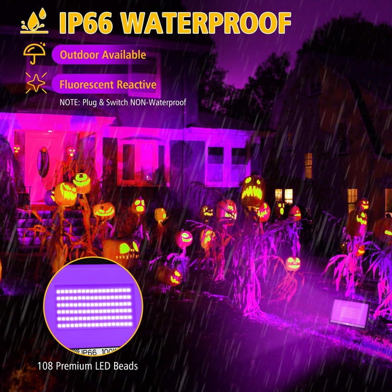 T-SUN 2 Pack 100W LED Black Lights, Blacklight Flood Light with Plug, Halloween Blacklight Outdoor, IP66 Waterproof Flood Light for Glow Party, Body Paint, Fluorescent Poster, Stage, Neon Glow - Image 4
